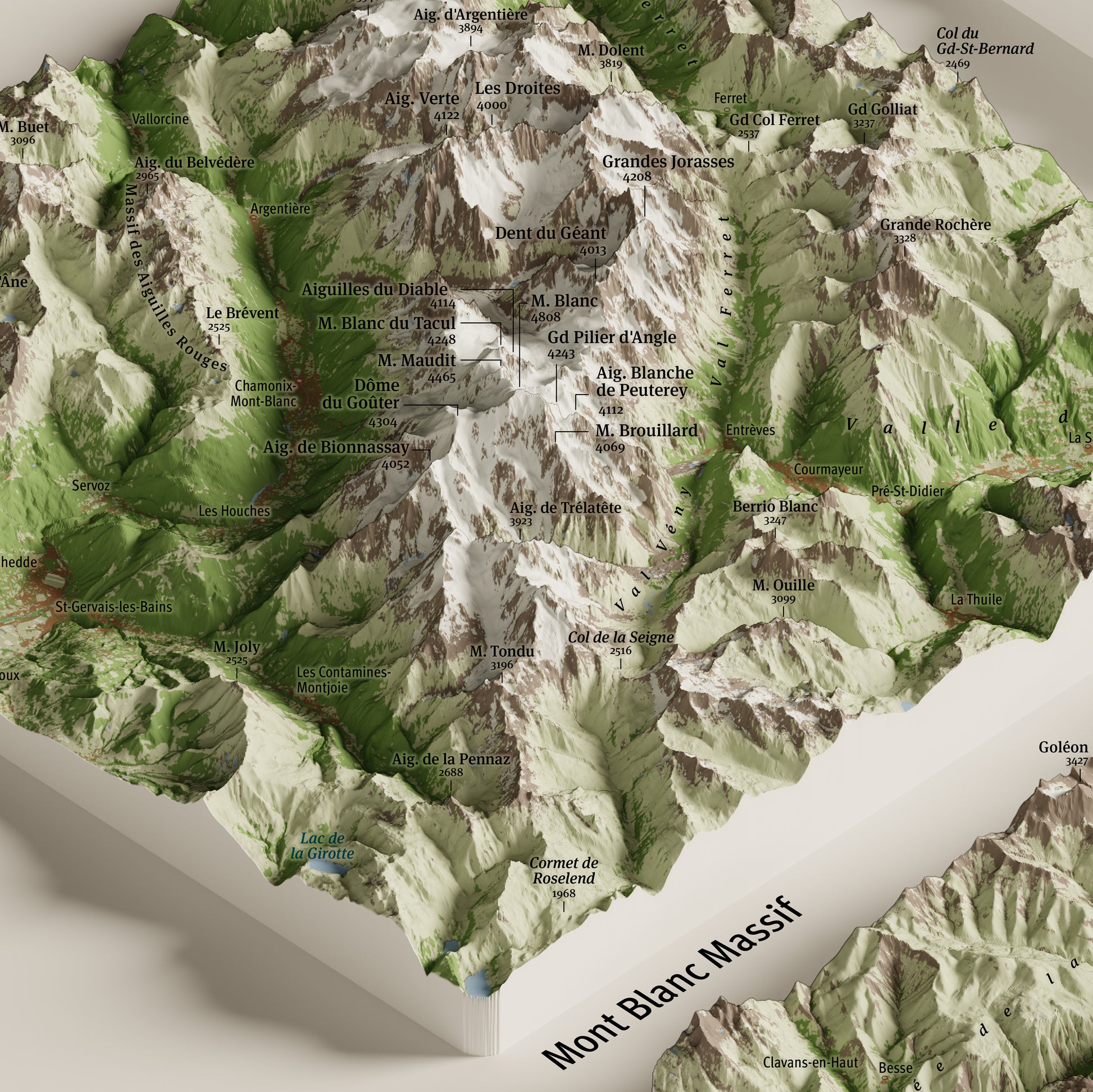 Dettaglio del massiccio del Monte Bianco nella mappa panoramica dei 4000 delle Alpi | Mont Blanc massif detail from the panoramic map of the Alps' 4000ers