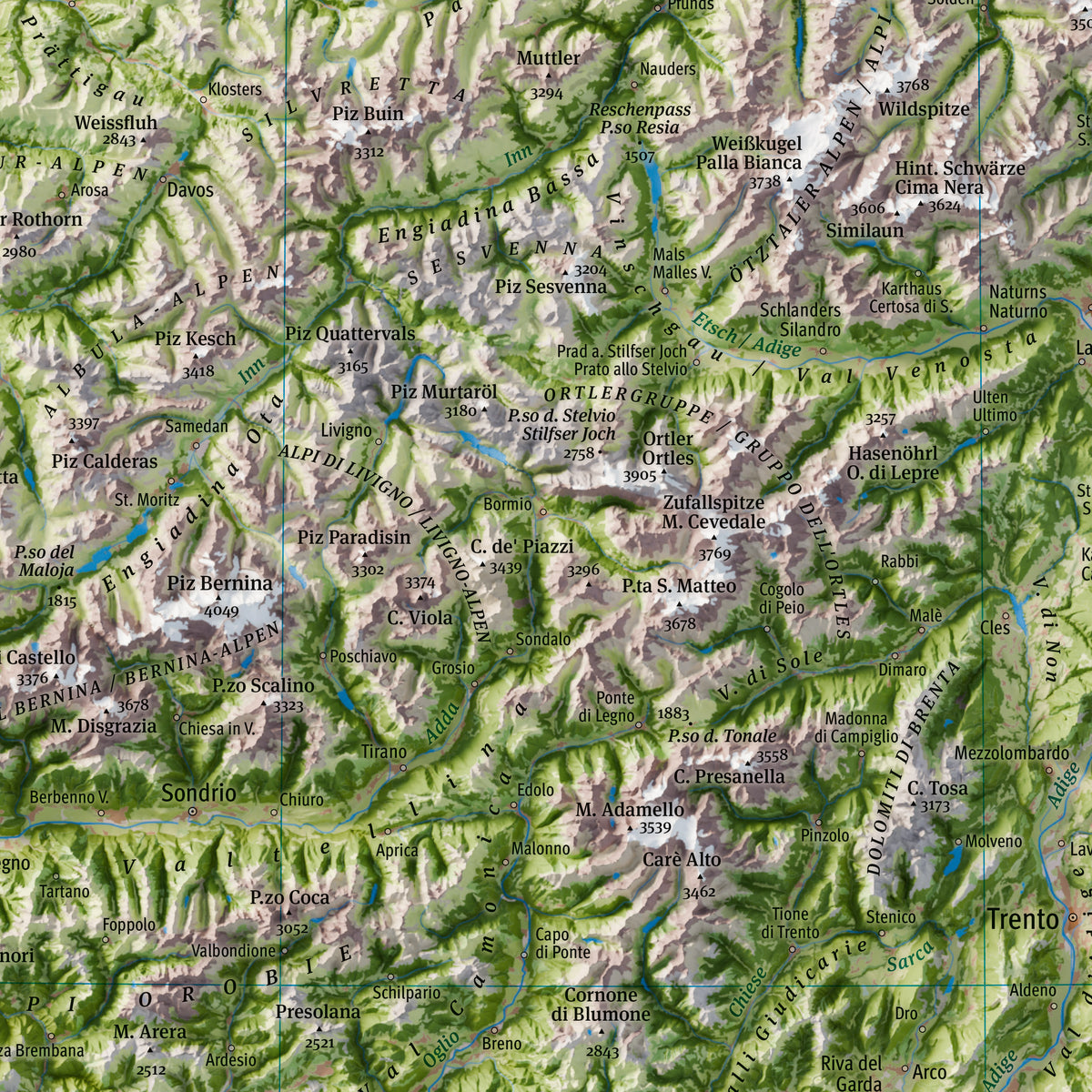 Mappa fisica delle Alpi, dettaglio Bernina, Ortles-Cevedale, Adamello e Dolomiti di Brenta / The Alps map, detail of Bernina, Ortler, Adamello and Brenta Dolomites
