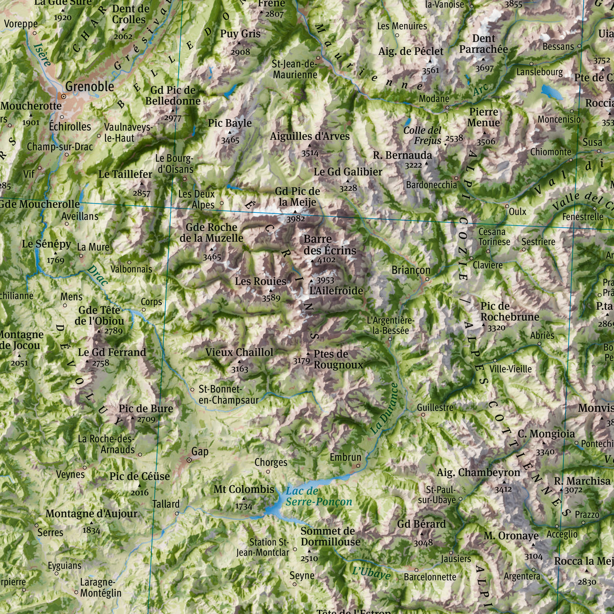 Mappa fisica delle Alpi, dettaglio massiccio degli Écrins, Grenoble e Briançon / The Alps map, detail of the Écrins massif, Grenoble and Briançon