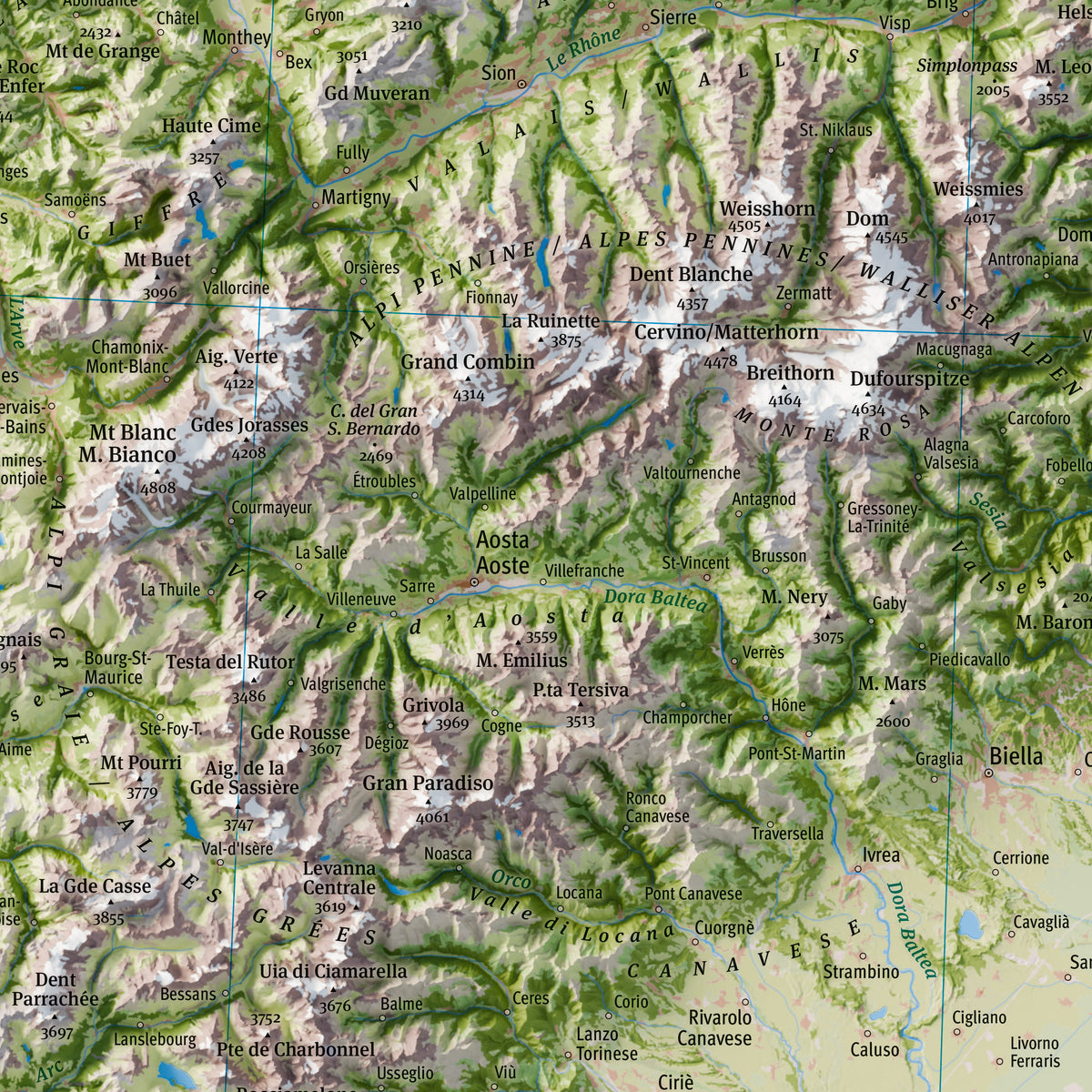 Mappa fisica delle Alpi, dettaglio Monte Bianco, Cervino, Monte Rosa e Gran Paradiso / The Alps map, detail of Mont Blanc, Matterhorn, Monte Rosa and Gran Paradiso