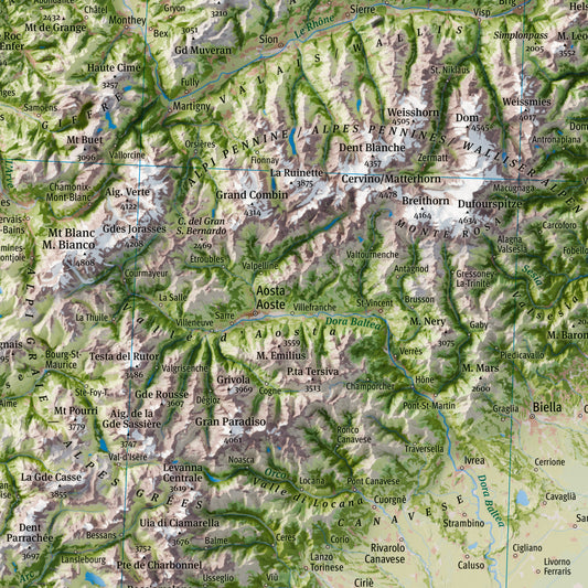 Mappa fisica delle Alpi, dettaglio Monte Bianco, Cervino, Monte Rosa e Gran Paradiso / The Alps map, detail of Mont Blanc, Matterhorn, Monte Rosa and Gran Paradiso