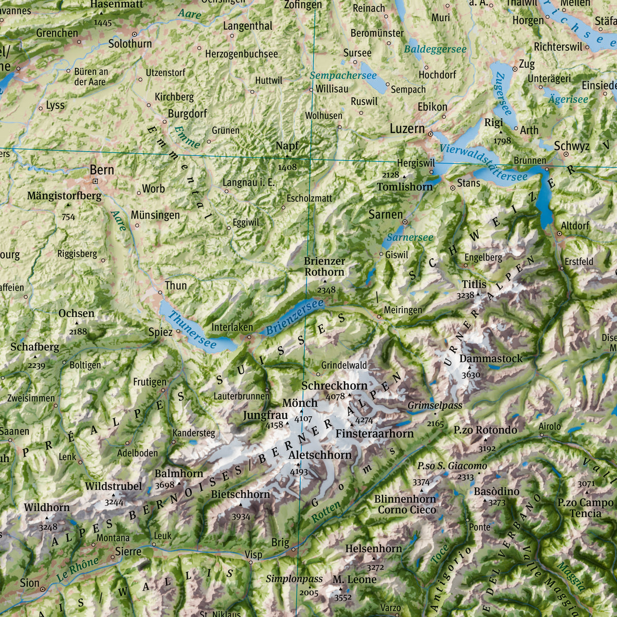 Mappa fisica delle Alpi, dettaglio Oberland bernese con Jungfrau, Eiger e Aletsch / The Alps map, detail of the Bernese Oberland with Jungfrau and Aletsch