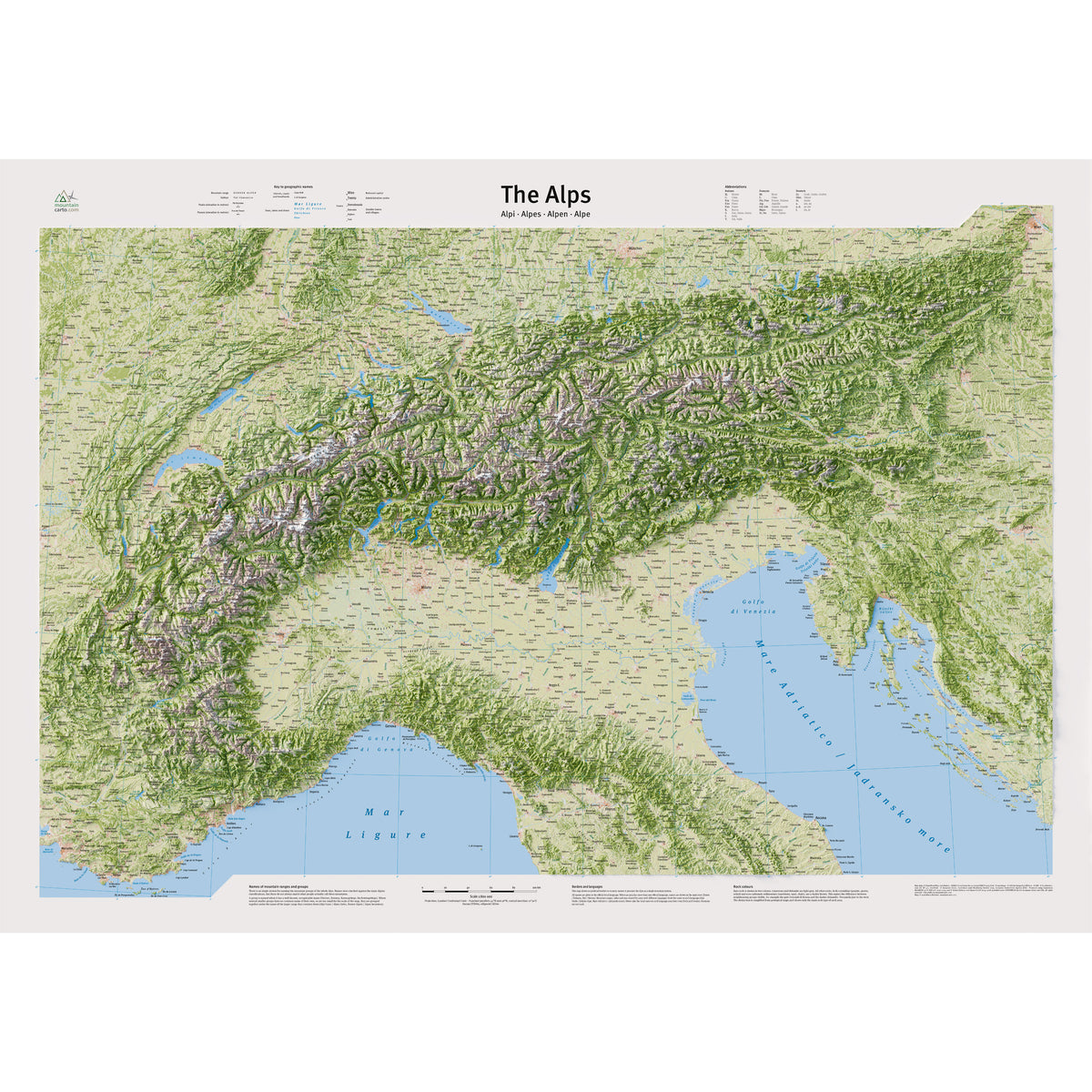 Mappa fisica delle Alpi The Alps di MountainCarto, dalla Provenza alla Slovenia / MountainCarto The Alps physical wall map, from Provence to Slovenia