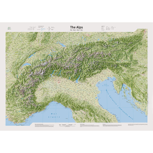 Mappa fisica delle Alpi The Alps di MountainCarto, dalla Provenza alla Slovenia / MountainCarto The Alps physical wall map, from Provence to Slovenia