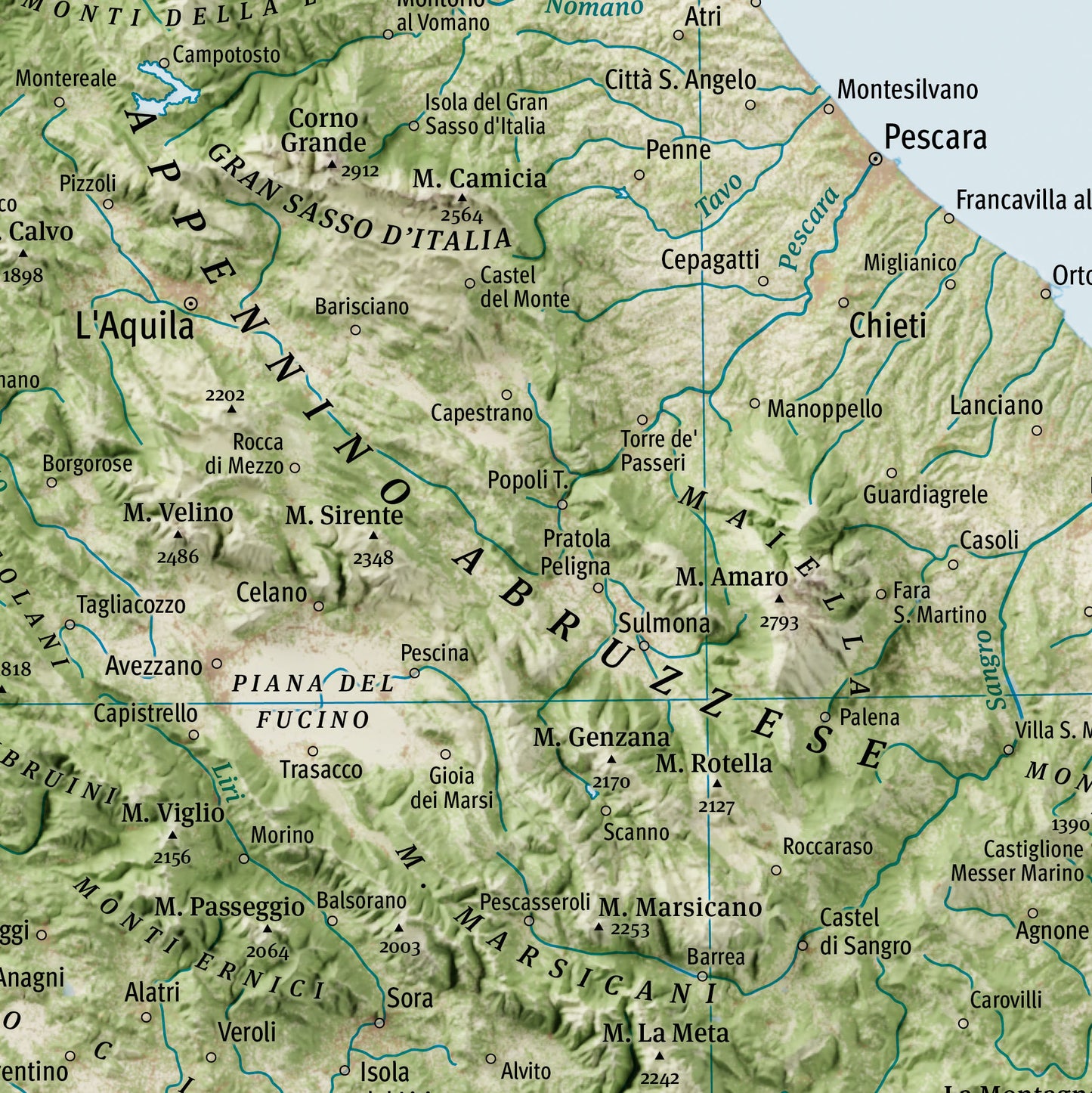 Cartina murale fisica dell'Italia - particolare Appennino Abruzzese, gruppi Gran Sasso, Maiella, Monti Marsicani.