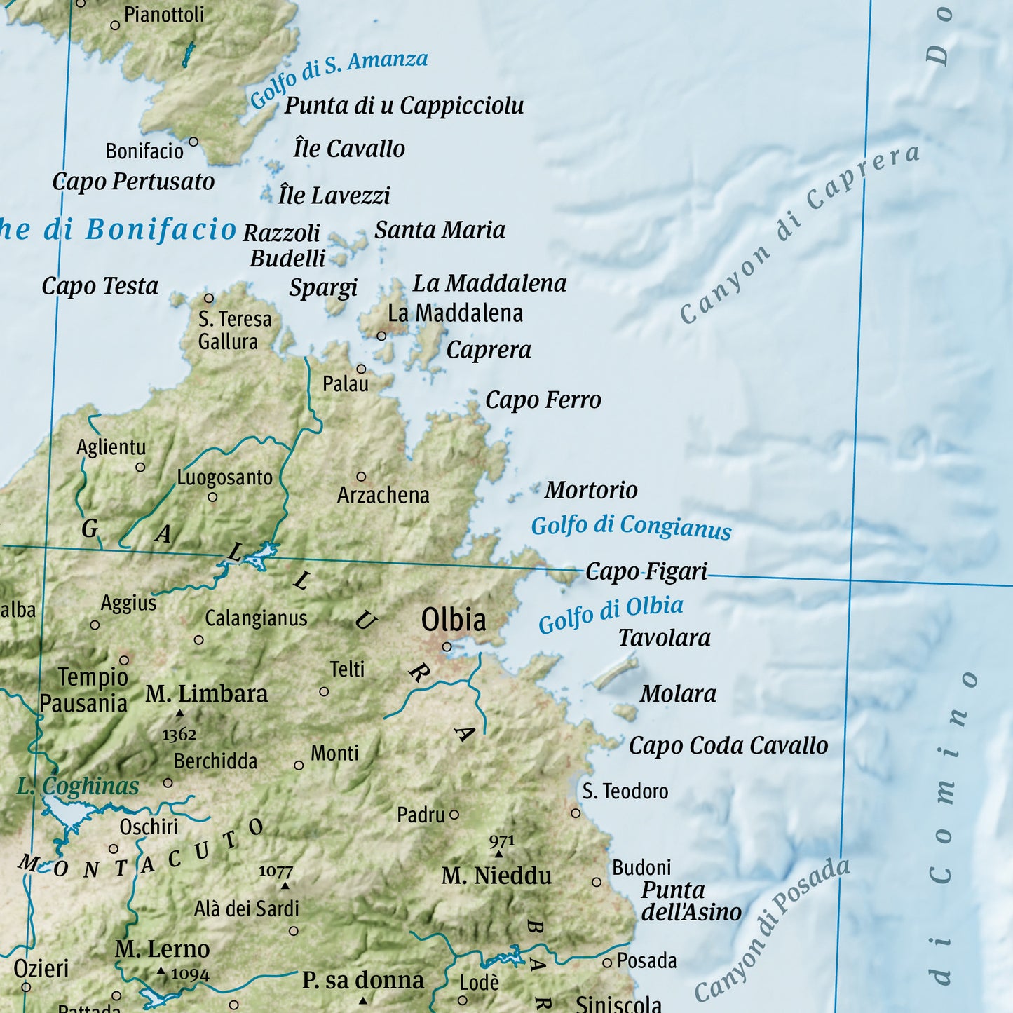 Cartina fisica murale dell'Italia - Particolare Nord Sardegna.