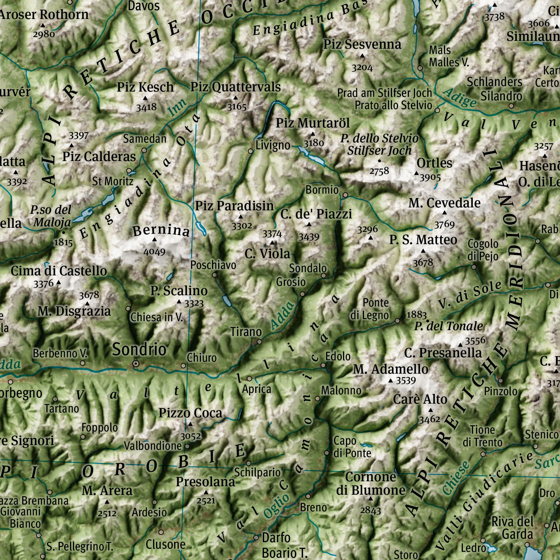 Cartina fisica murale dell'Italia - Particolare Valle Camonica, Valtellina, Gruppi Bernina, Ortles-Cevedale, Adamello.