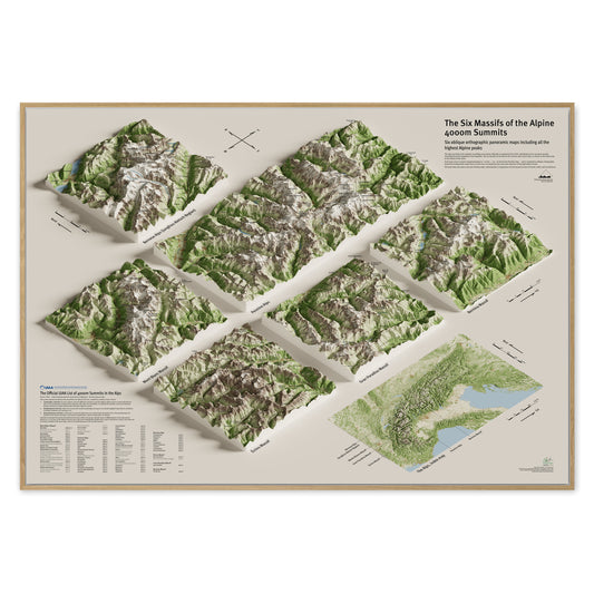 Mappa panoramica dei 4000 delle Alpi da parete, illustrata da Mountaincarto | Panoramic wall map of the 4000-metre peaks of the Alps by Mountaincarto