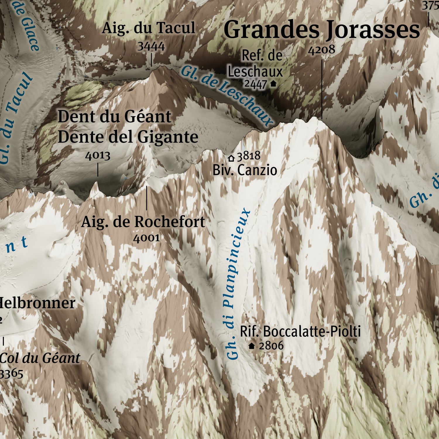 Cartina 3d del Monte Bianco - Mont Blanc. Particolare Grandes Jorasses e Dent du Géant - Dente del Gigante