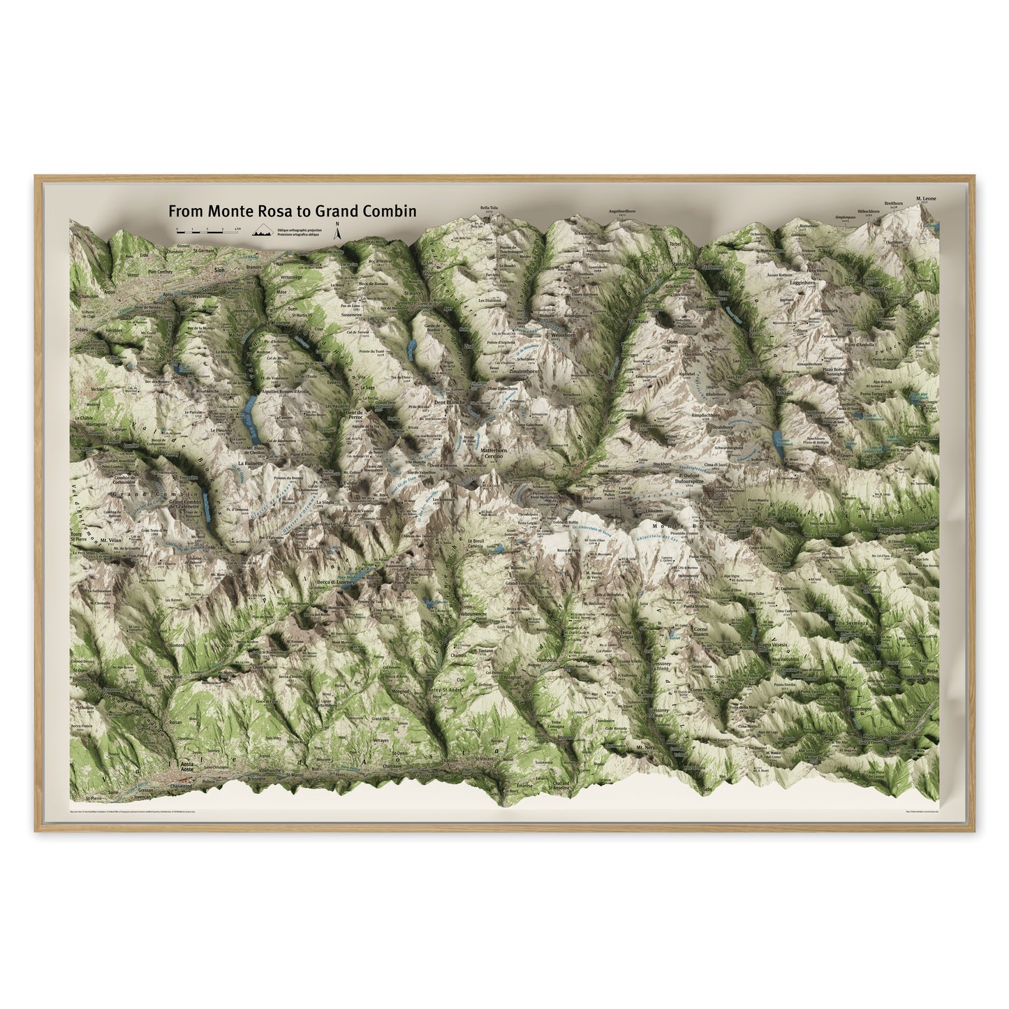 Cartina panoramica 3D dal Monte Rosa al Grand Combin, proiezione ortografica obliqua — Cervino, Monte Rosa e Weisshorn tra Vallese e Valle d'Aosta, stampa incorniciata da parete · Panoramic 3D map from Monte Rosa to Grand Combin, oblique orthographic projection — Matterhorn, Monte Rosa and Weisshorn between Valais and Aosta Valley, framed wall print