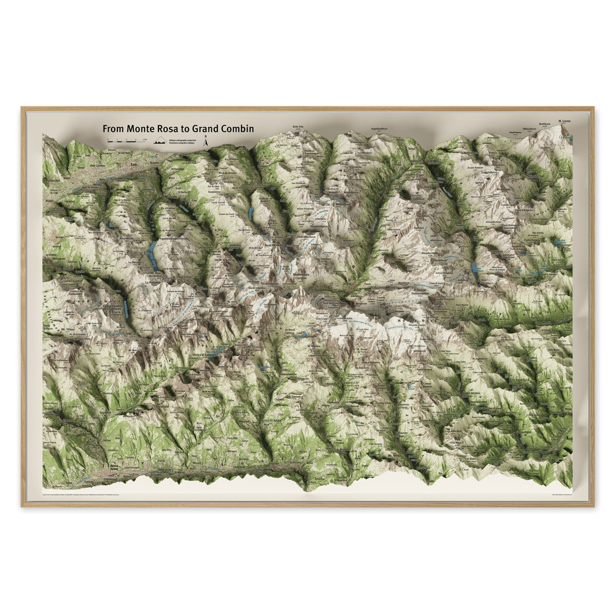 Cartina panoramica 3D dal Monte Rosa al Grand Combin, proiezione ortografica obliqua — Cervino, Monte Rosa e Weisshorn tra Vallese e Valle d'Aosta, stampa incorniciata da parete · Panoramic 3D map from Monte Rosa to Grand Combin, oblique orthographic projection — Matterhorn, Monte Rosa and Weisshorn between Valais and Aosta Valley, framed wall print