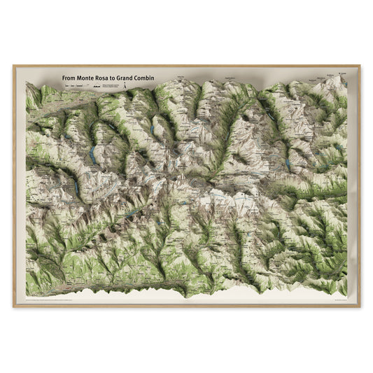 Cartina panoramica 3D dal Monte Rosa al Grand Combin, proiezione ortografica obliqua — Cervino, Monte Rosa e Weisshorn tra Vallese e Valle d'Aosta, stampa incorniciata da parete · Panoramic 3D map from Monte Rosa to Grand Combin, oblique orthographic projection — Matterhorn, Monte Rosa and Weisshorn between Valais and Aosta Valley, framed wall print